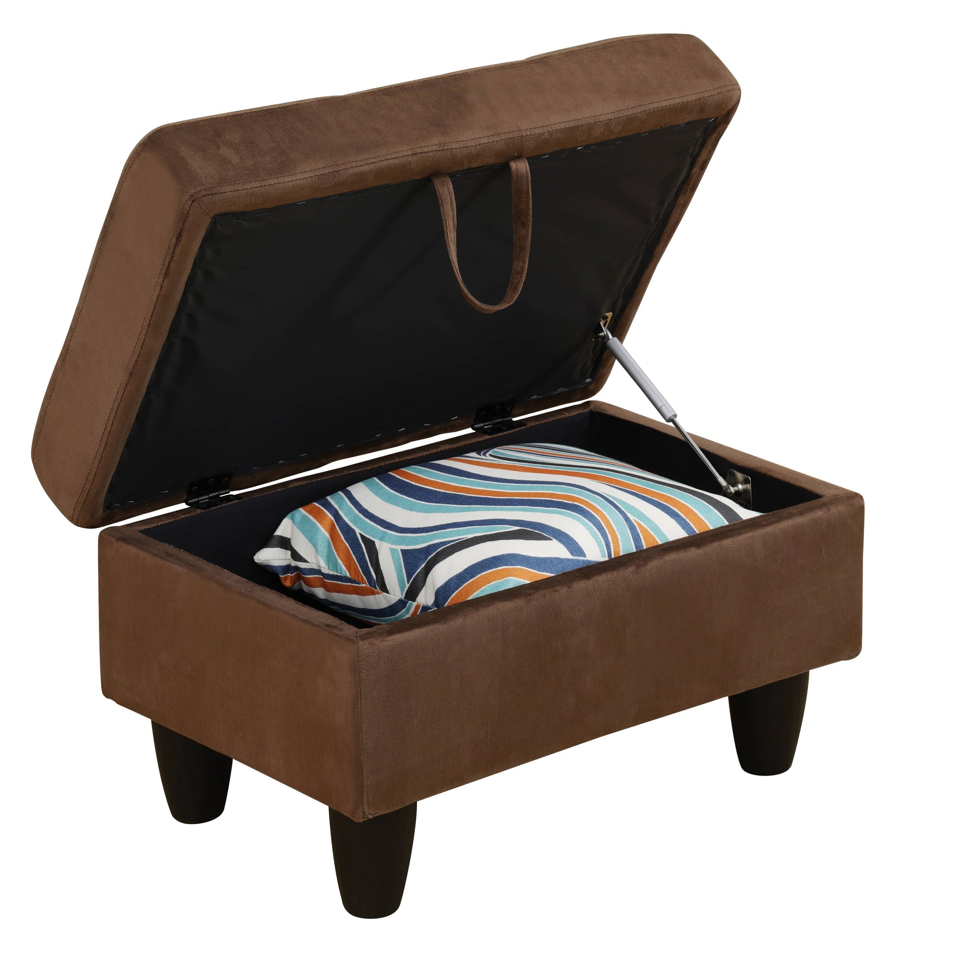 Brown storage ottoman with lid open showing colorful striped pillow inside