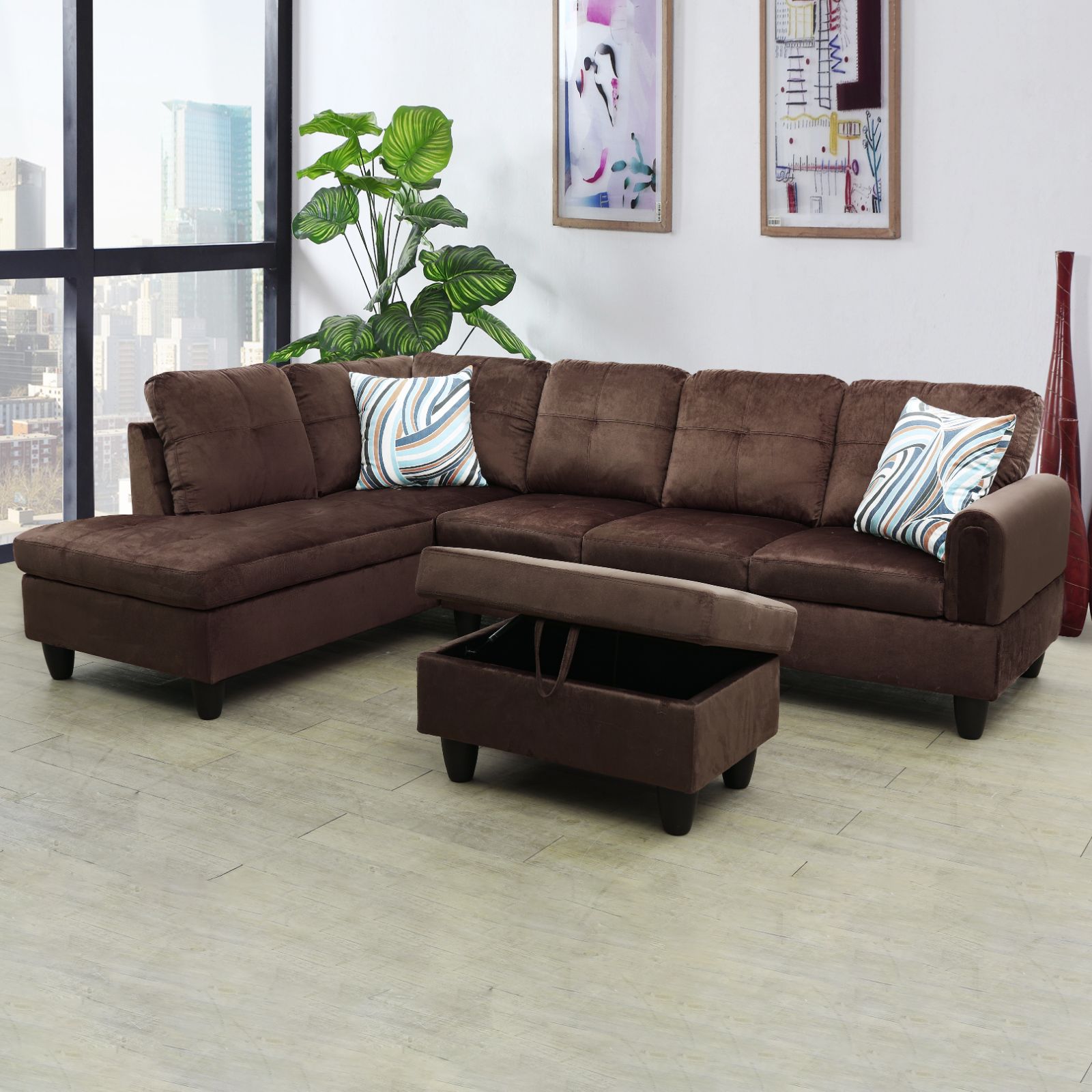 Plush brown sectional sofa with chaise and storage ottoman for living rooms