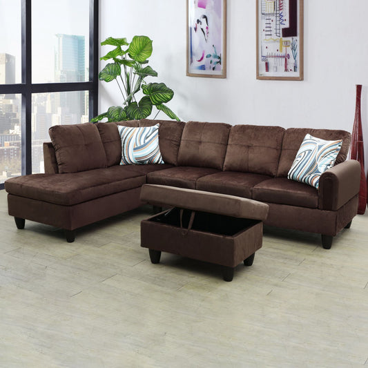 Plush brown sectional sofa with chaise and storage ottoman for living rooms