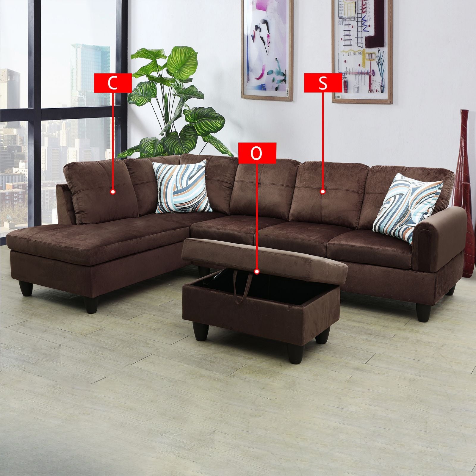 Plush brown fabric sectional sofa with chaise and ottoman