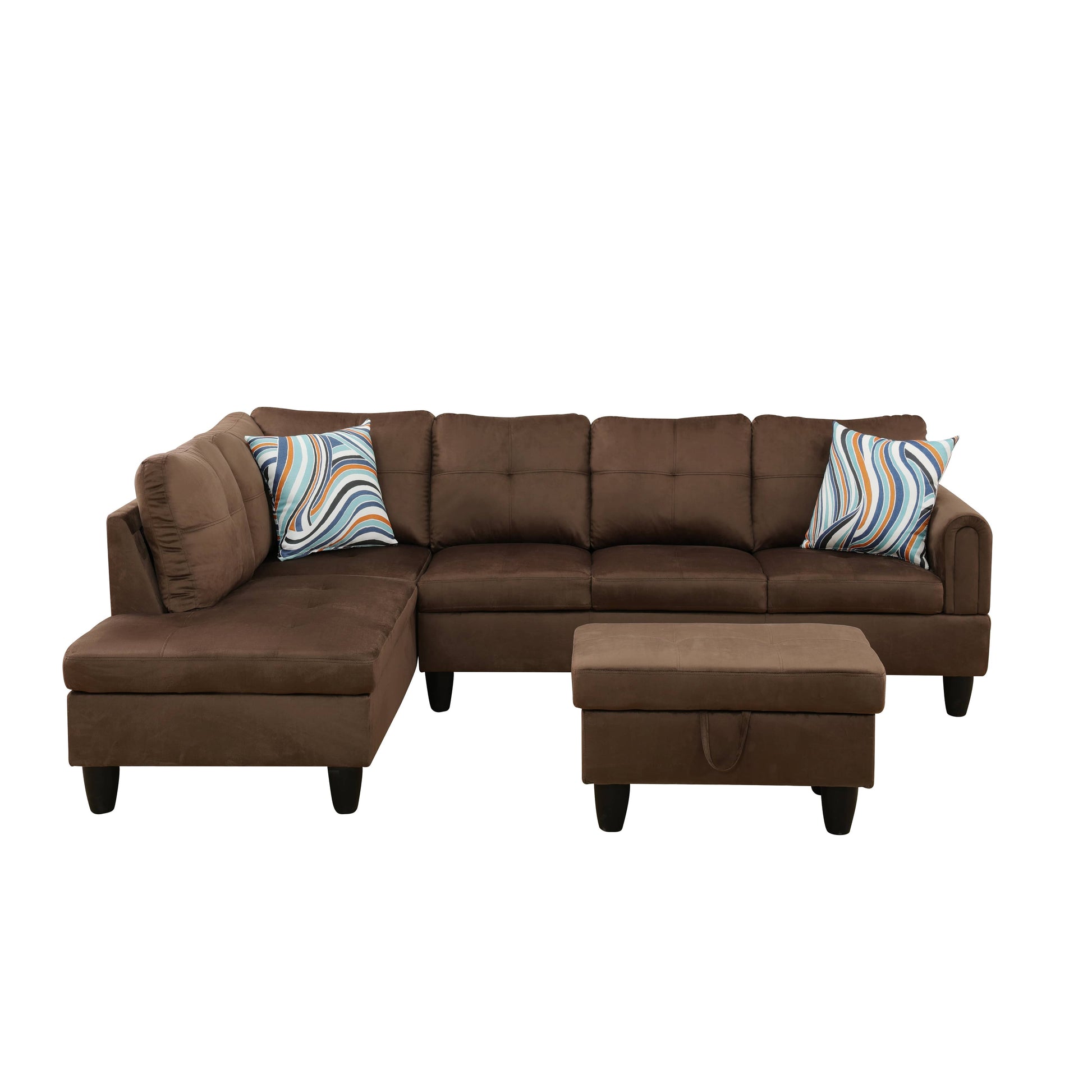 Brown suede sectional sofa with decorative pillows and storage ottoman