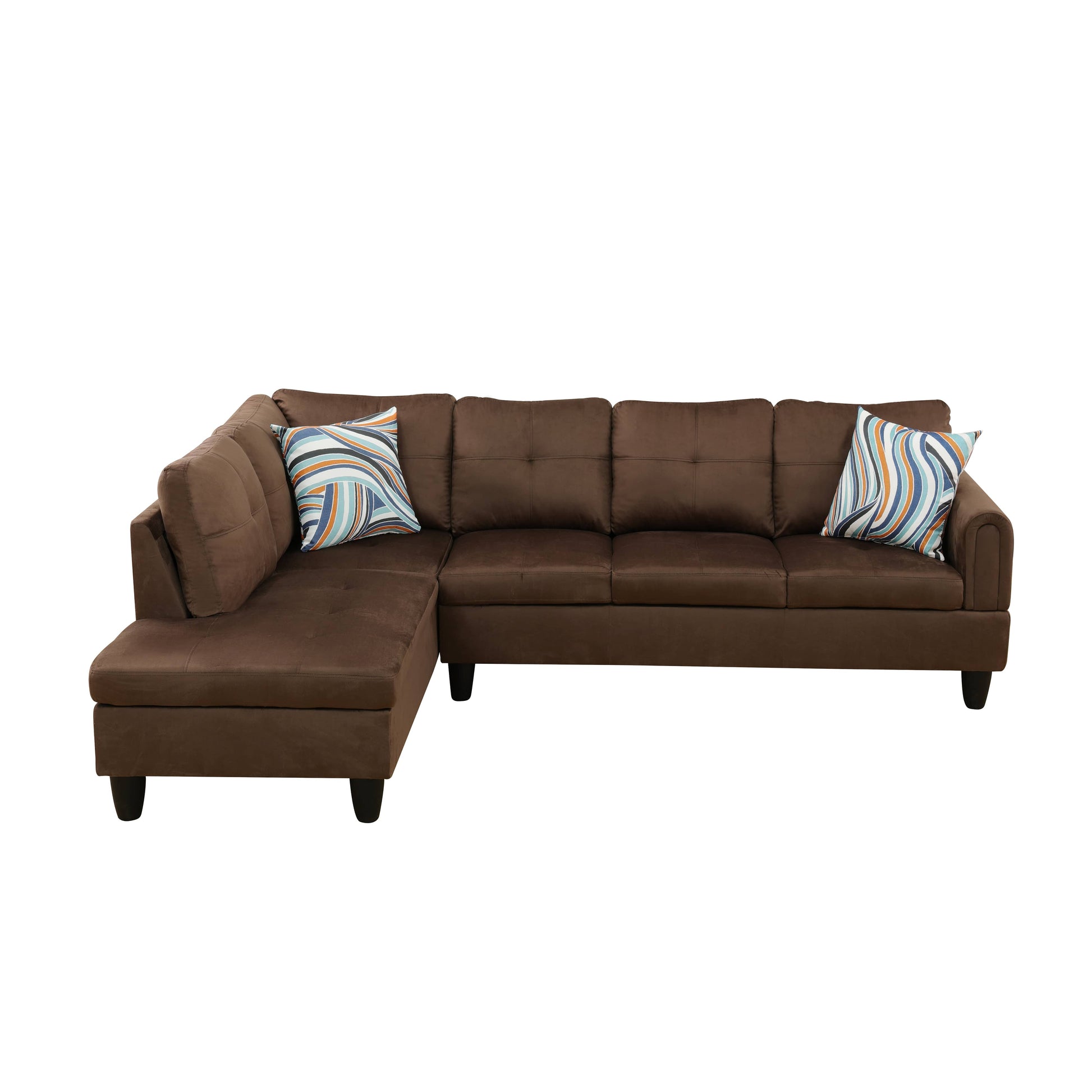 Brown suede sectional sofa with striped accent pillows