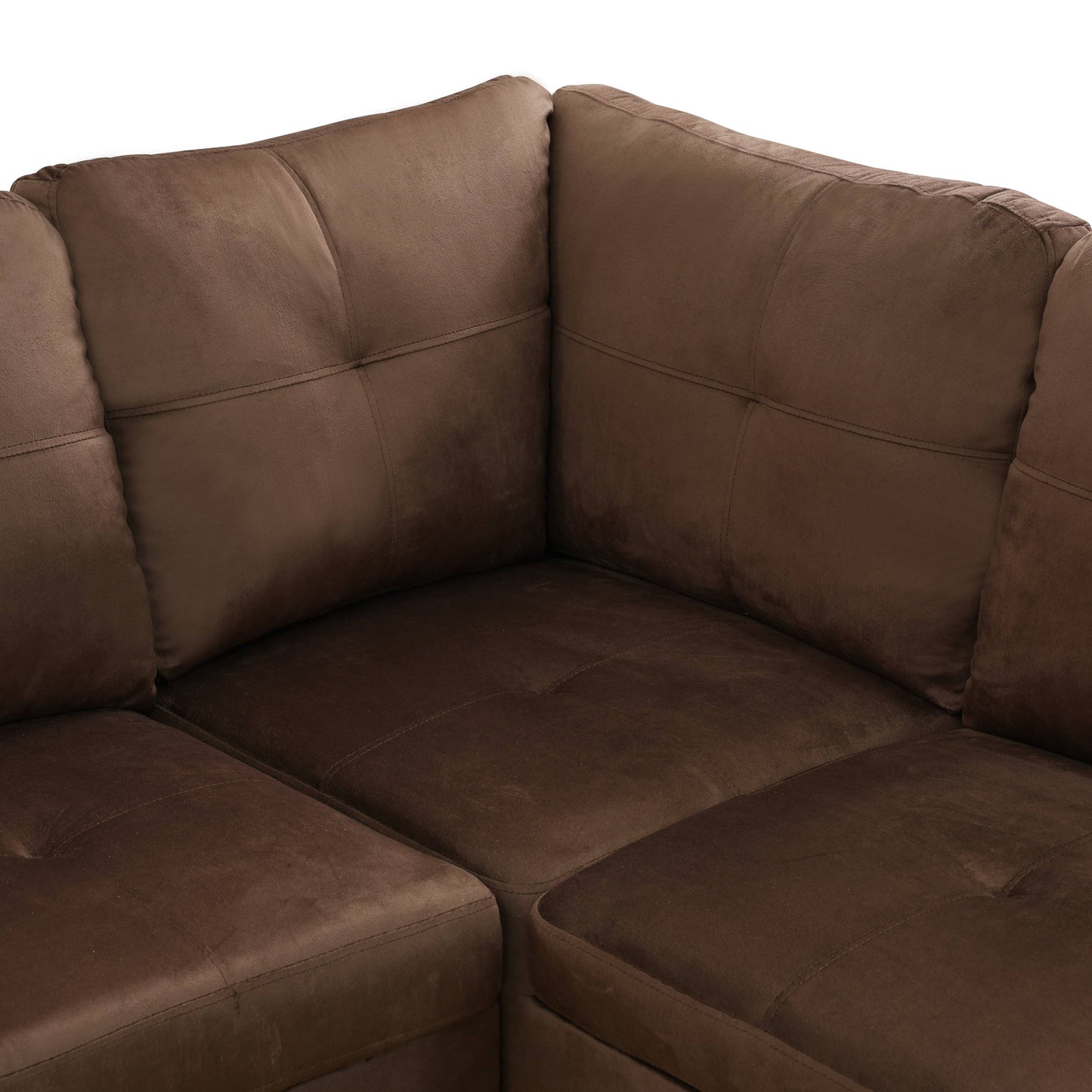 Plush brown fabric sectional sofa with tufted cushions