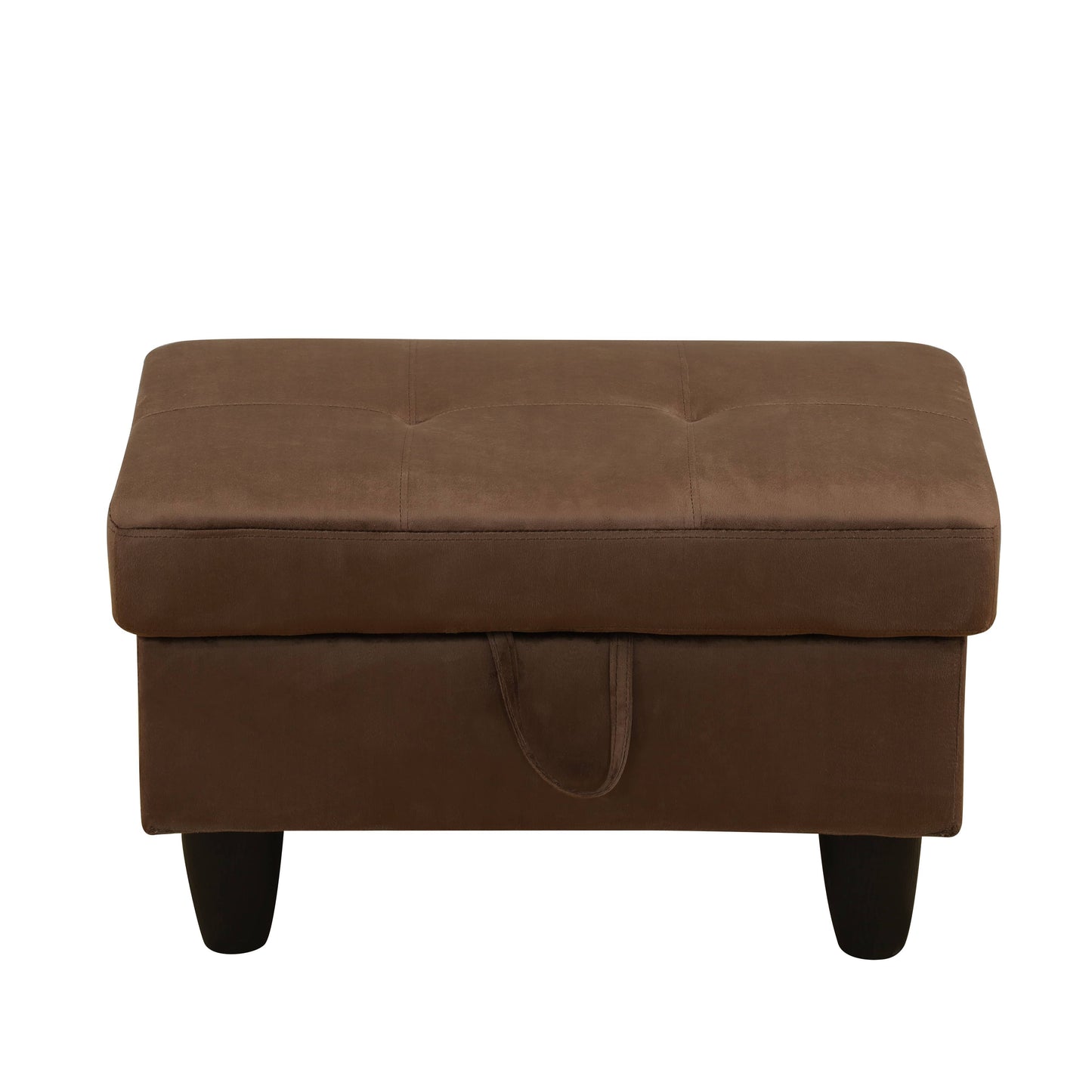 Brown tufted storage ottoman with a front handle