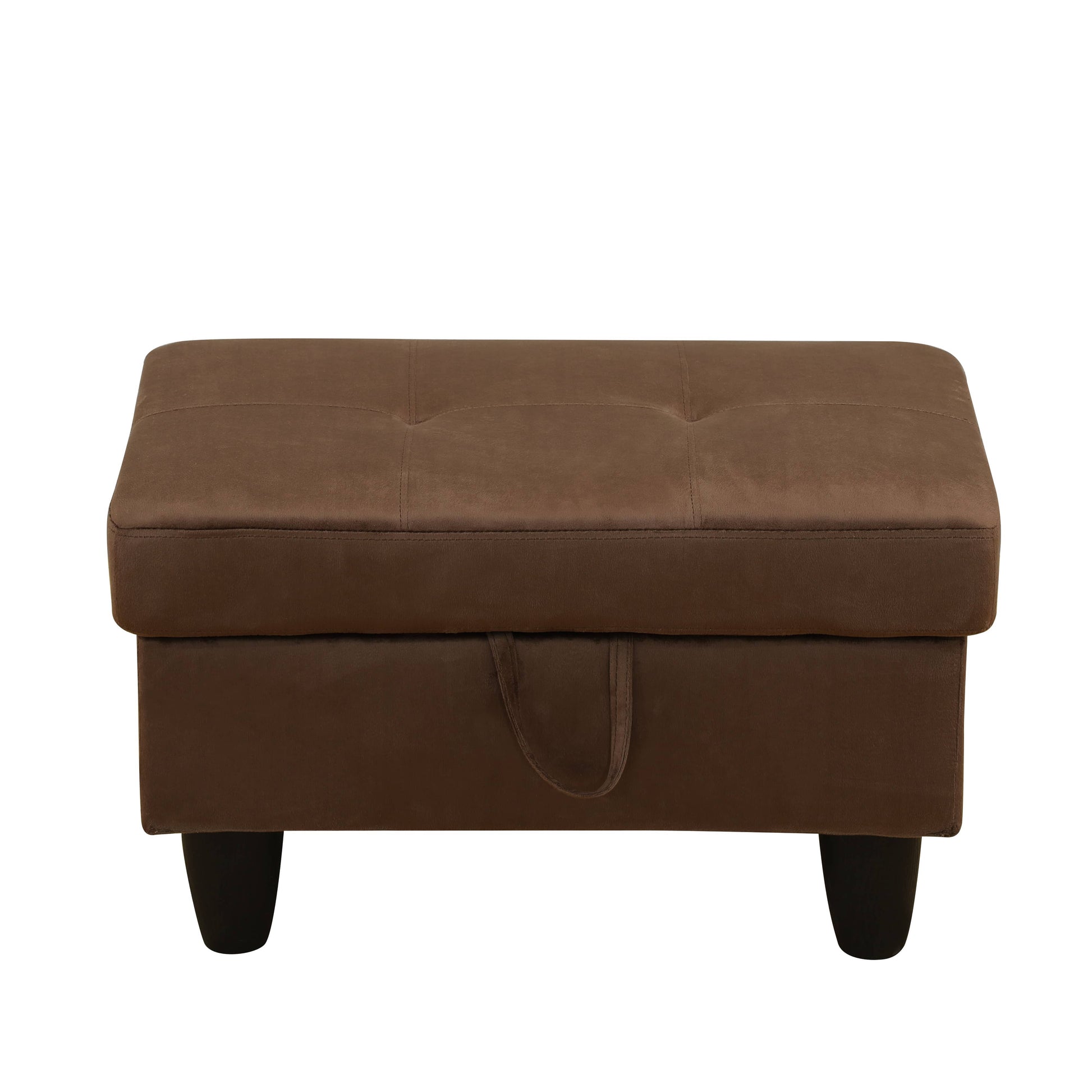 Brown tufted storage ottoman with a front handle