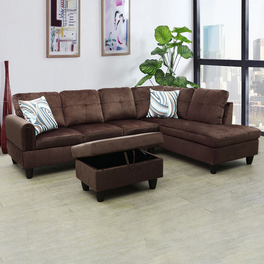 Plush brown sectional sofa with tufted cushions and a matching storage ottoman