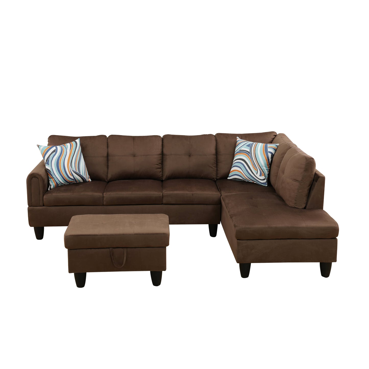 Brown suede sectional sofa with tufted cushions and matching ottoman