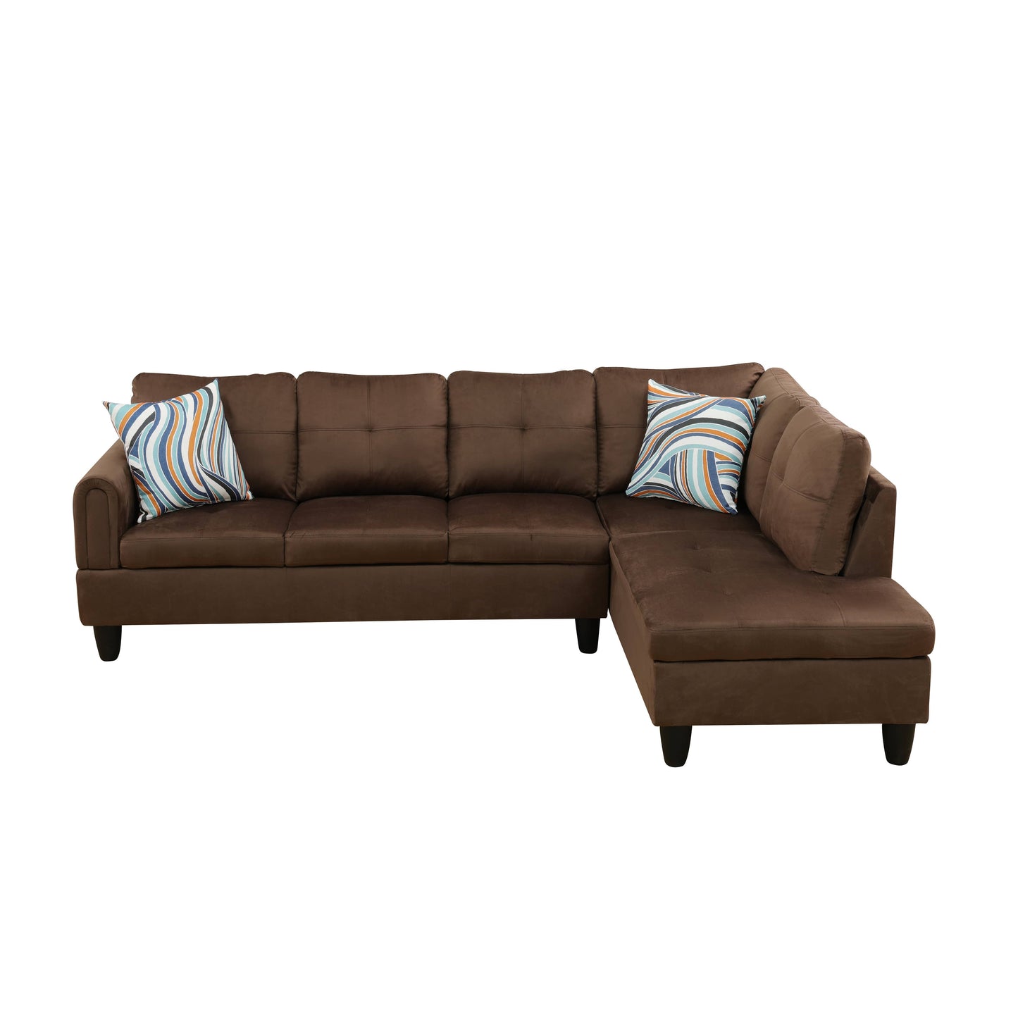 Brown suede sectional sofa with patterned accent pillows