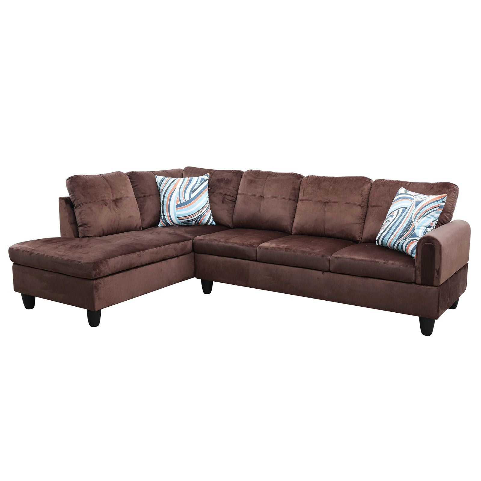 Brown suede sectional sofa with accent pillows