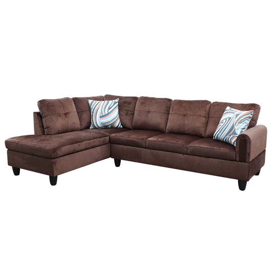 Brown suede sectional sofa with accent pillows