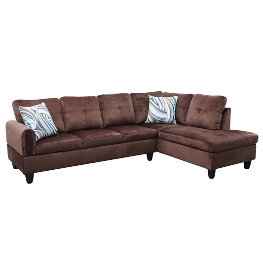 Brown suede sectional sofa with contemporary design and geometric throw pillows