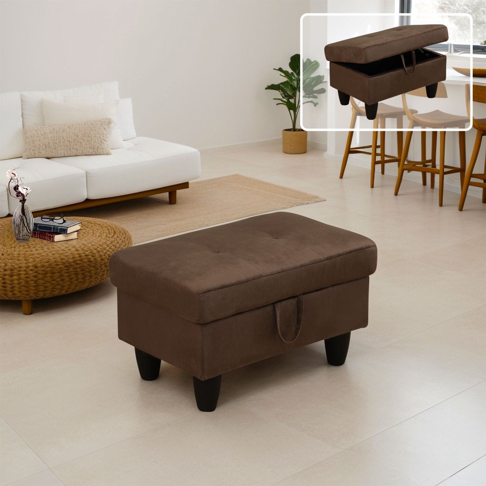 Brown storage ottoman with tufted top and hidden compartment