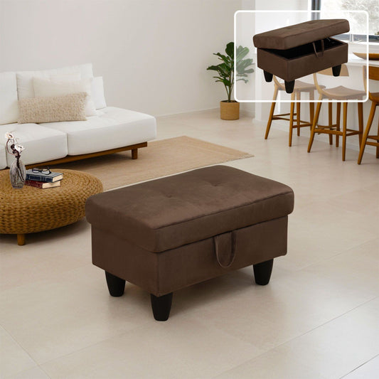 Brown storage ottoman with tufted top and hidden compartment