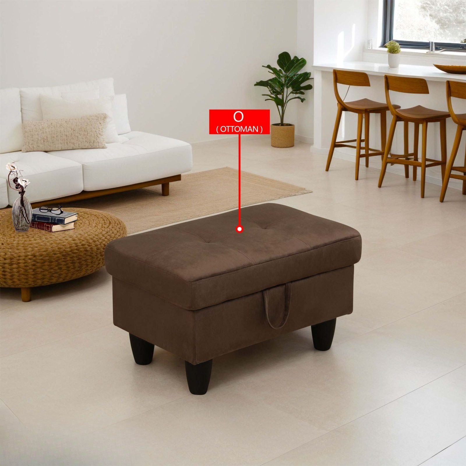 Brown tufted storage ottoman with easylift lid and dark wooden legs