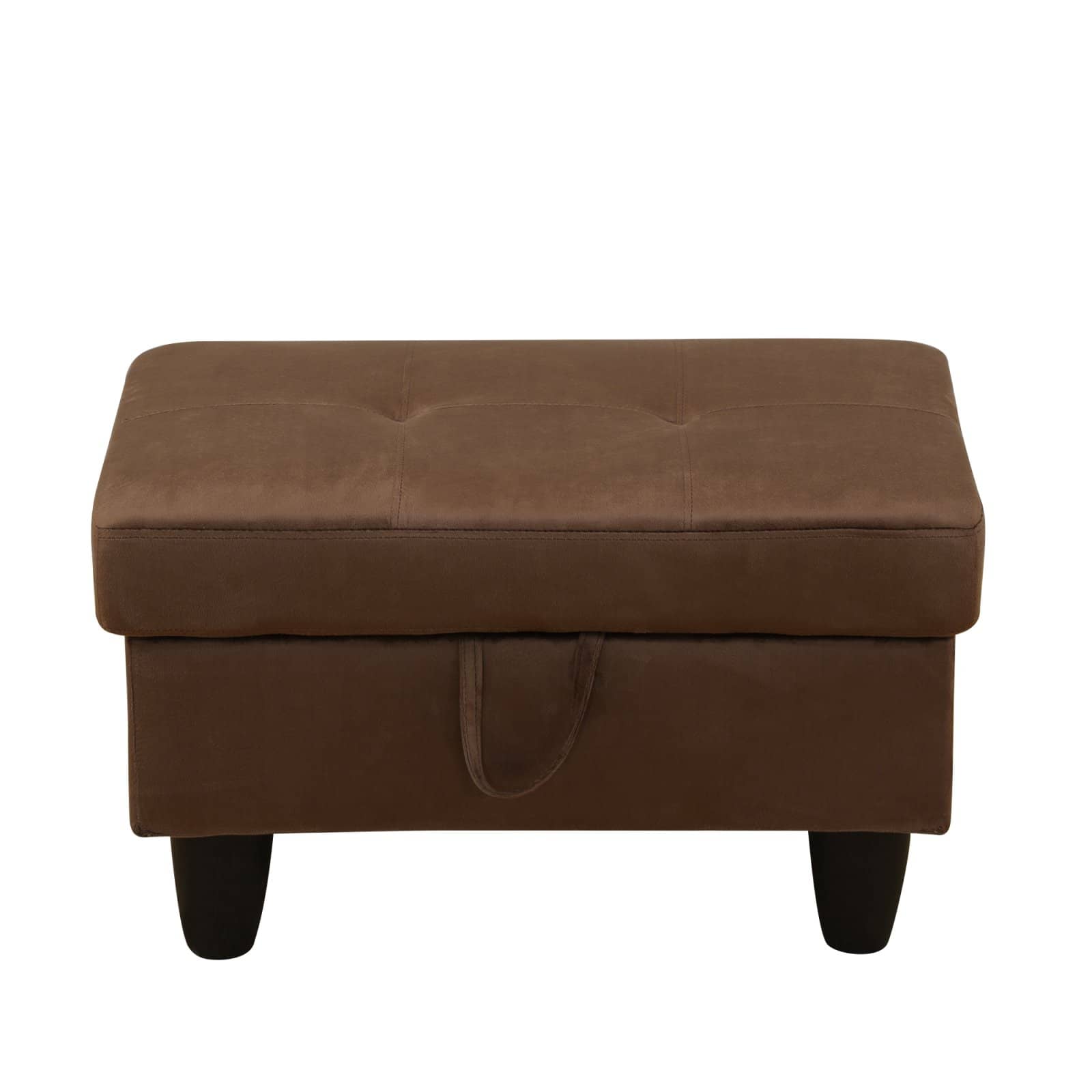Brown tufted storage ottoman with sturdy dark wood legs and a convenient front handle