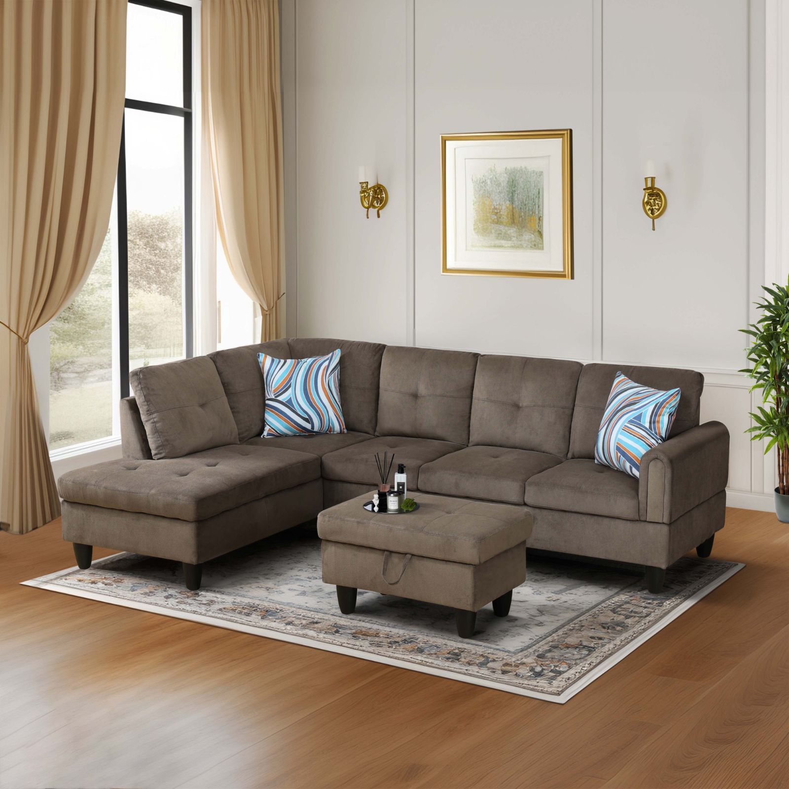 Brown fabric sectional sofa with chaise and tufted cushions