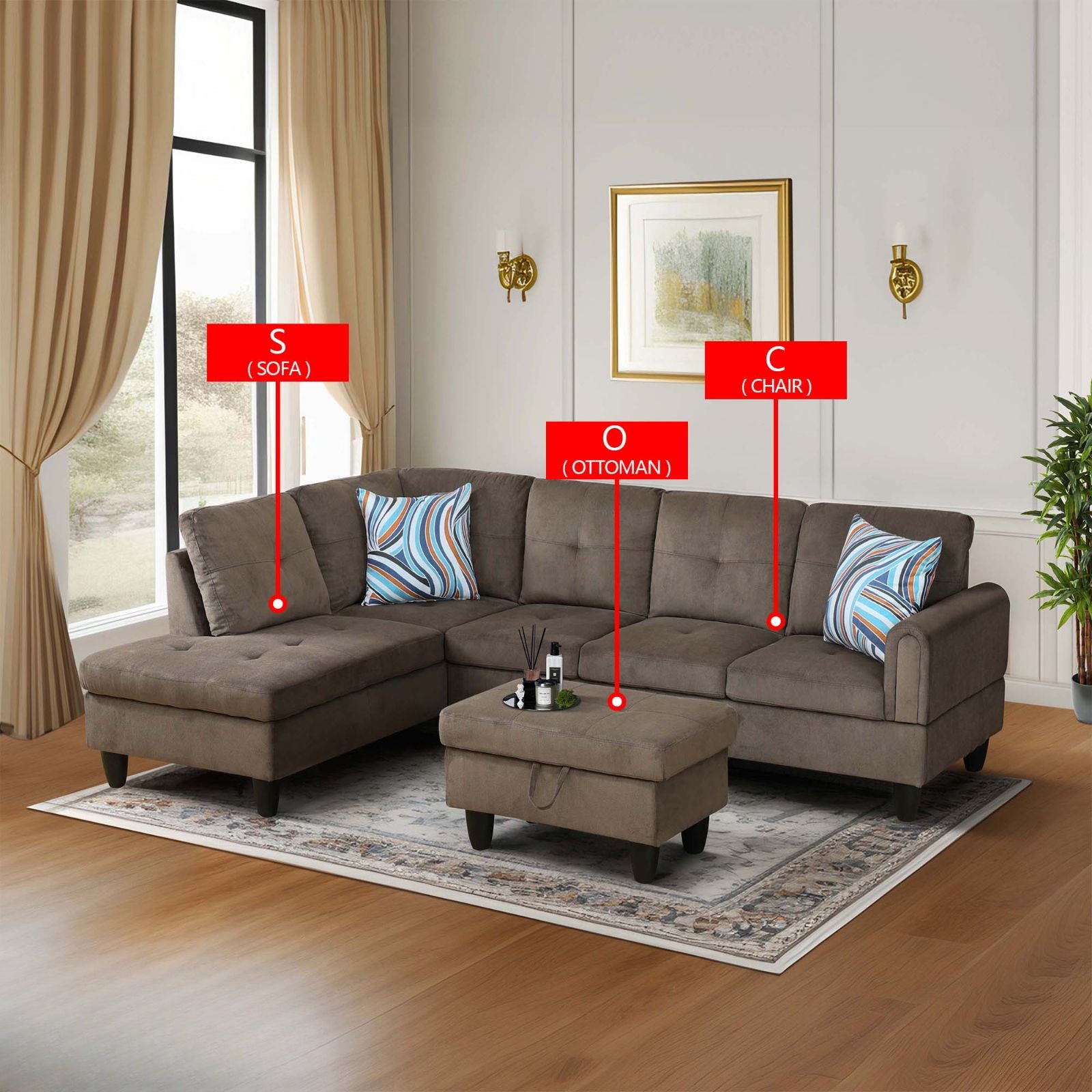 Brown upholstered sectional sofa with chaise and ottoman
