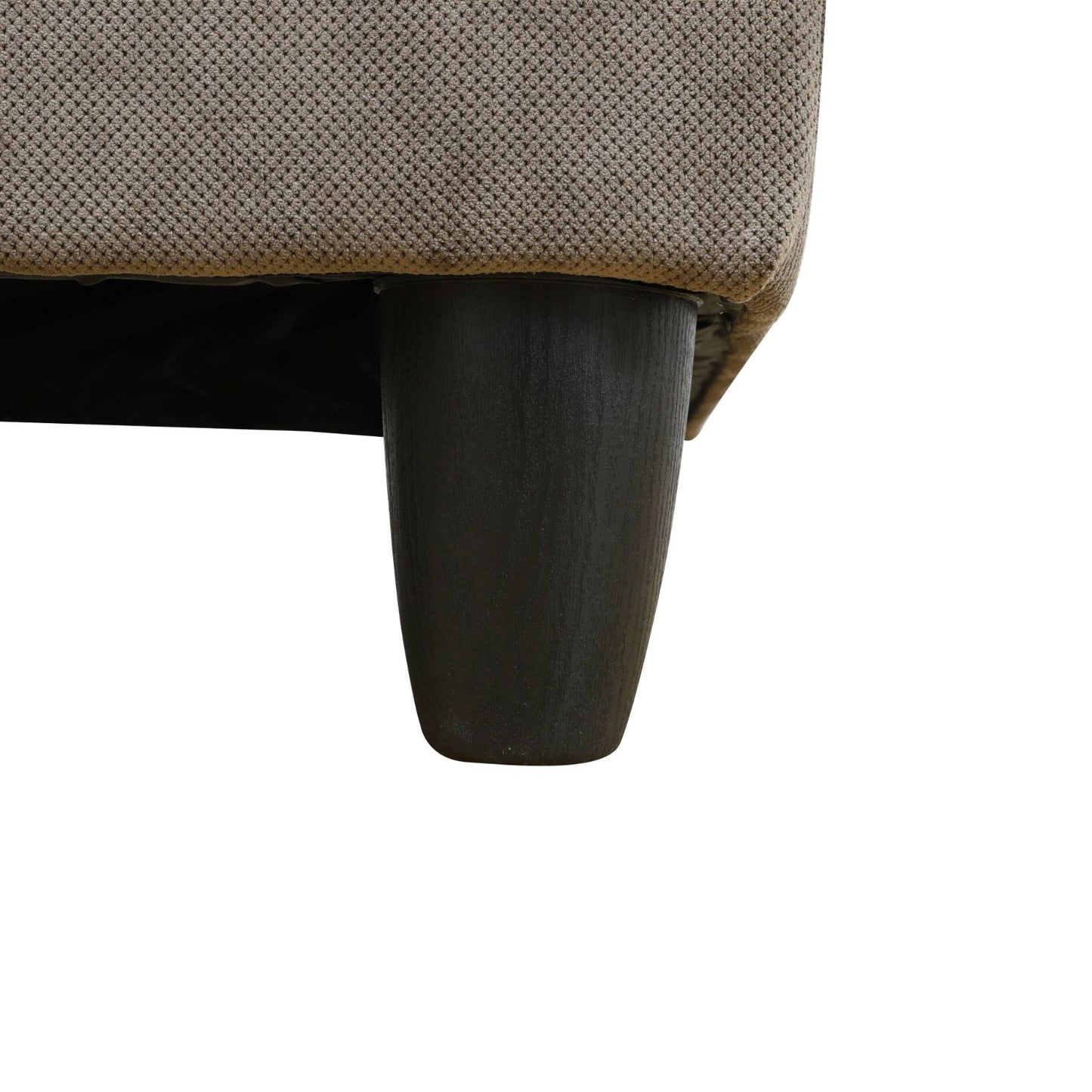 Closeup of taupe woven upholstery on a sofa leg