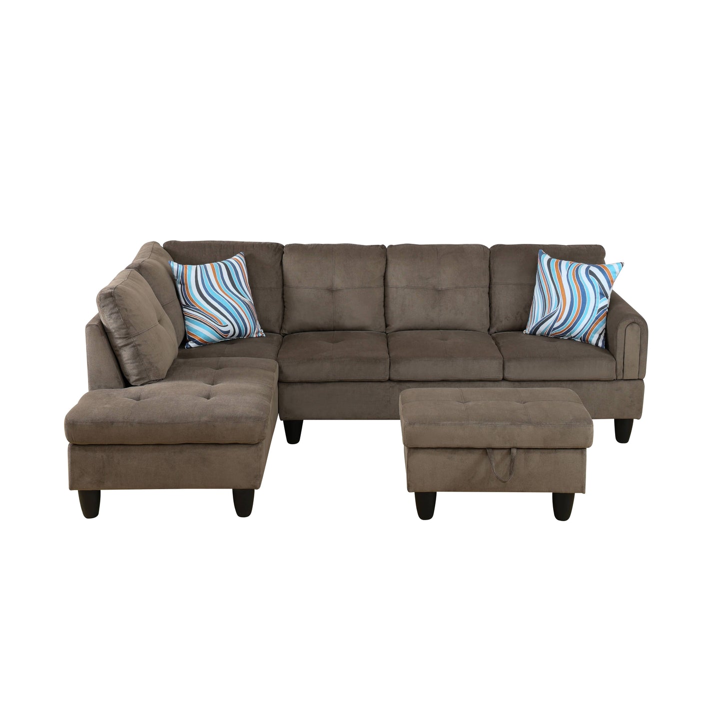 Brown fabric sectional sofa with tufted cushions and colorful accent pillows