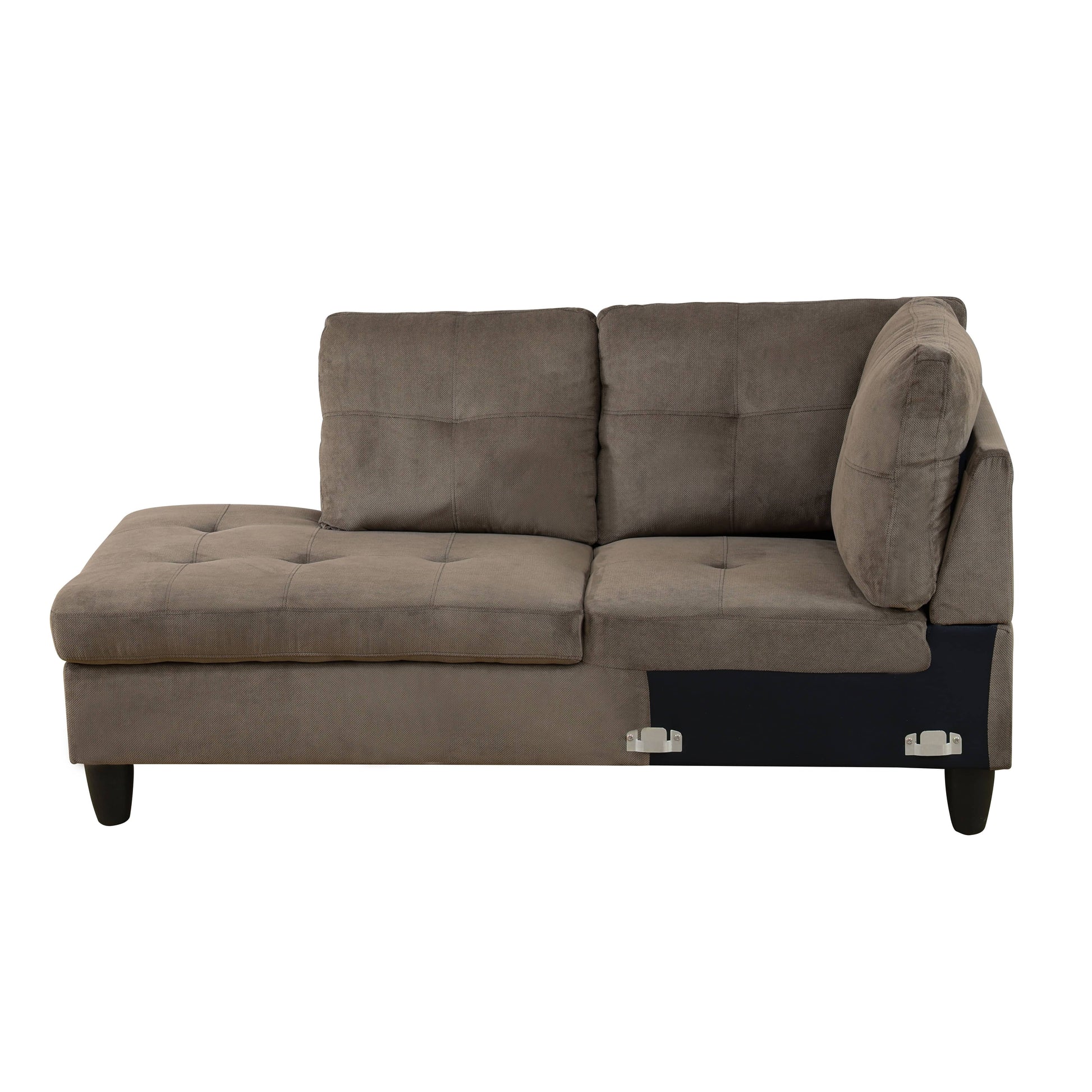 Grey fabric sectional sofa with chaise lounge and tufted cushions