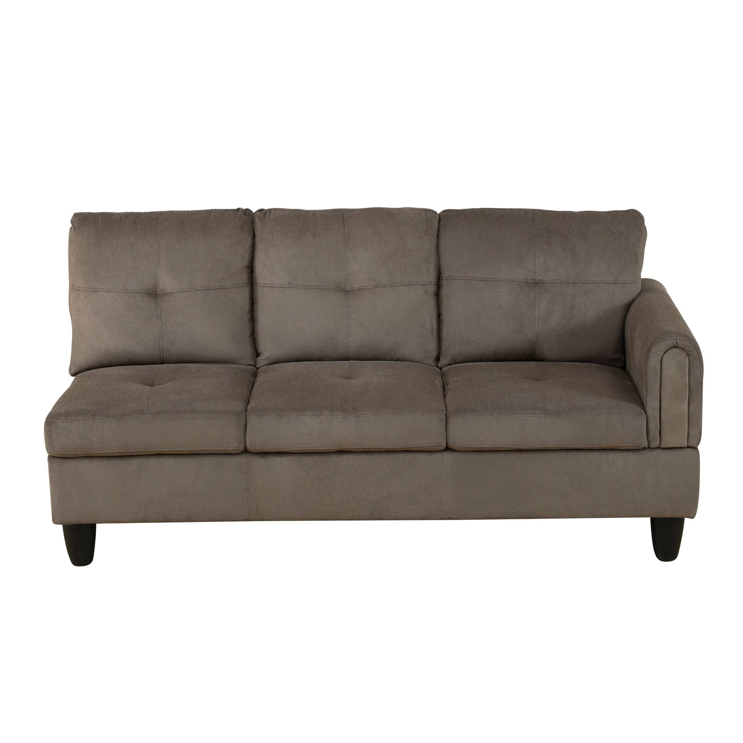 Threeseater grey fabric sofa with tufted cushions and a rounded armrest