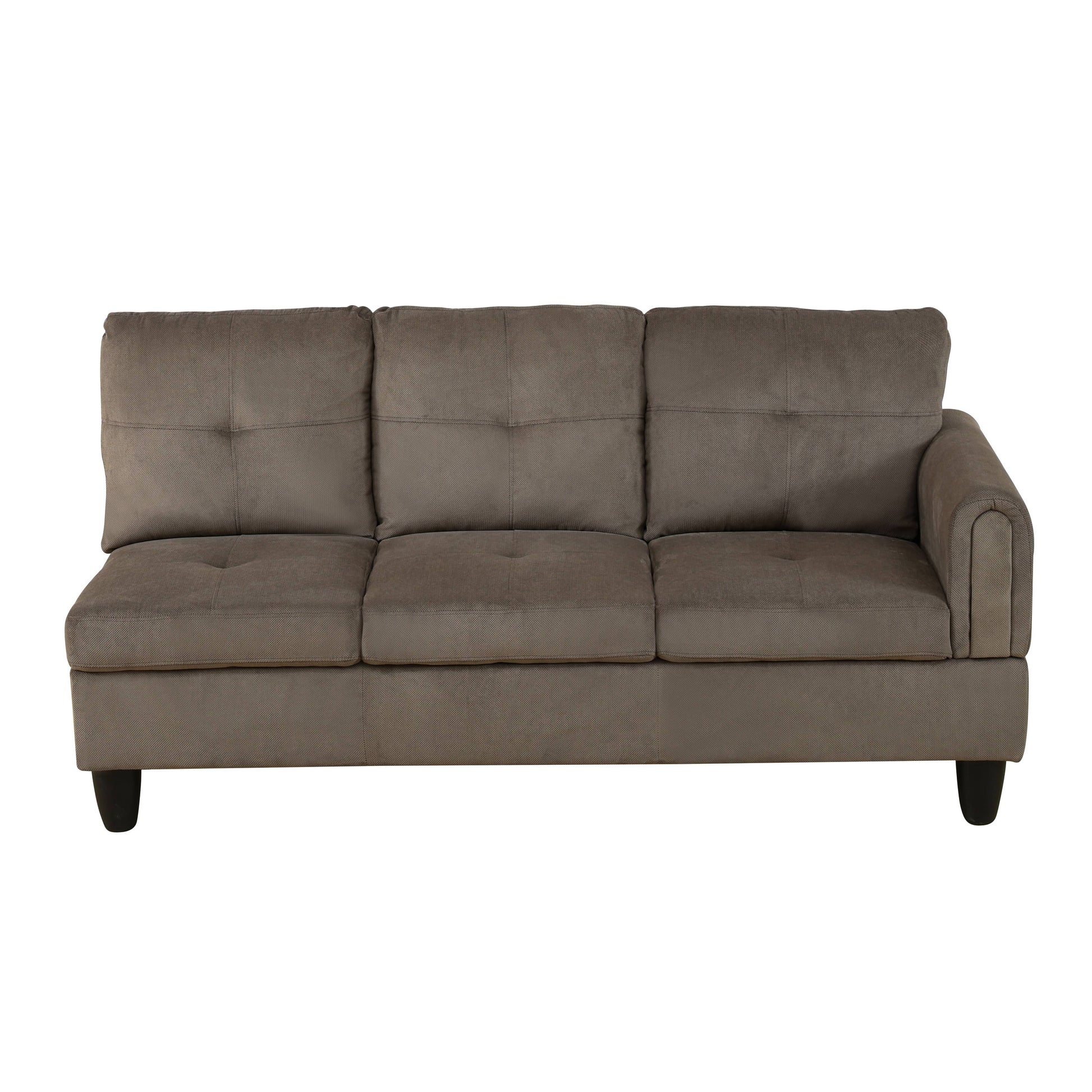 Threeseater grey fabric sofa with tufted cushions and a rounded armrest