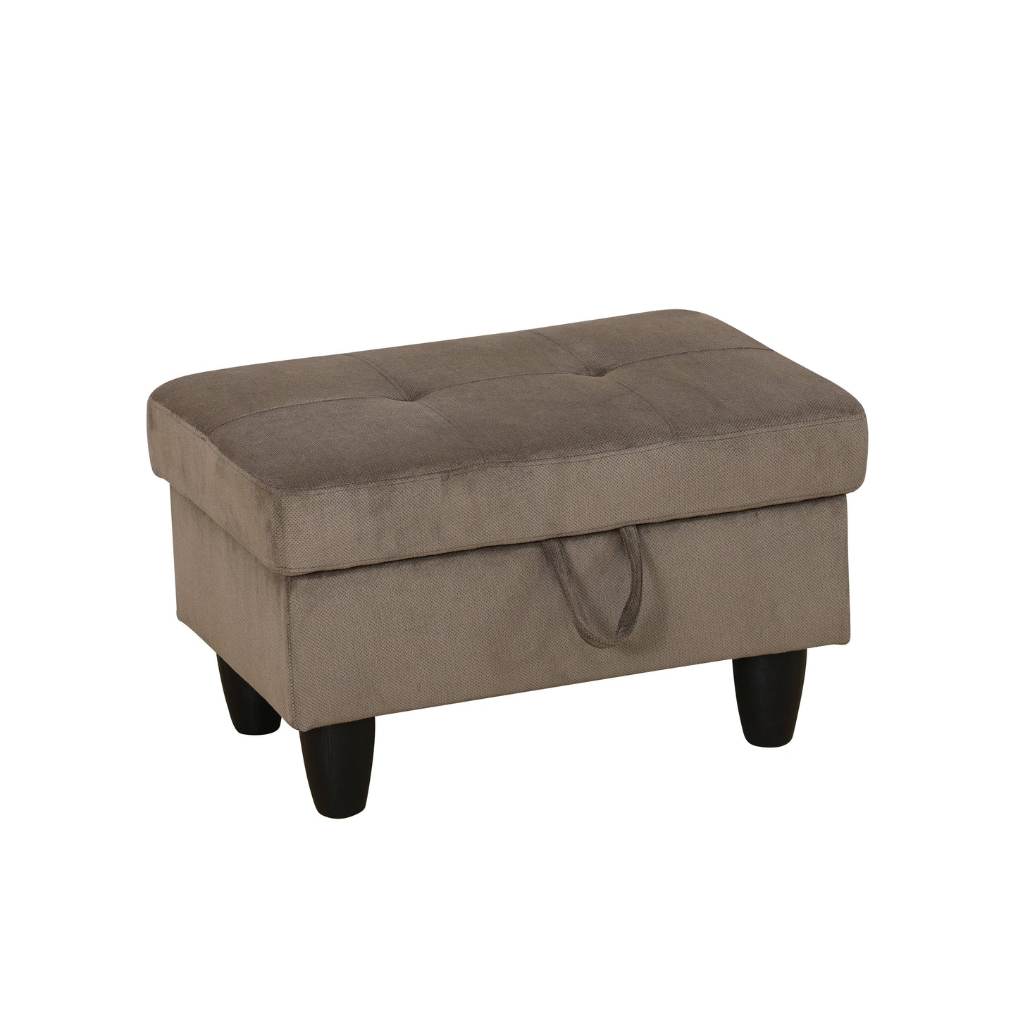 Tufted grey velvet storage ottoman with a lifttop lid and dark wooden legs