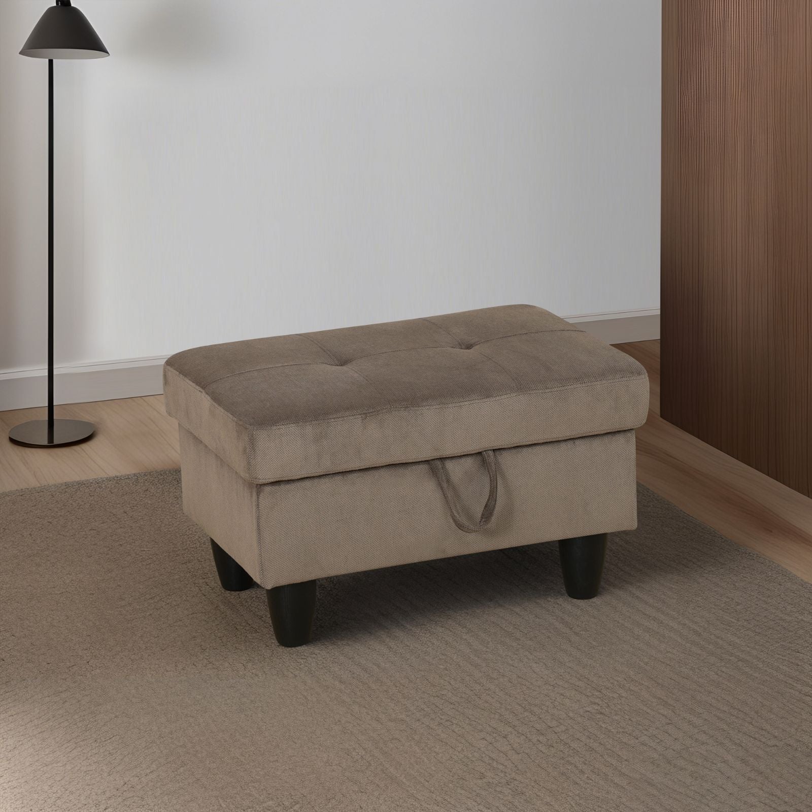 Tufted taupe fabric storage ottoman with dark legs