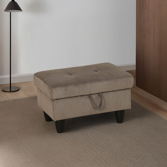 Tufted taupe fabric storage ottoman with dark legs
