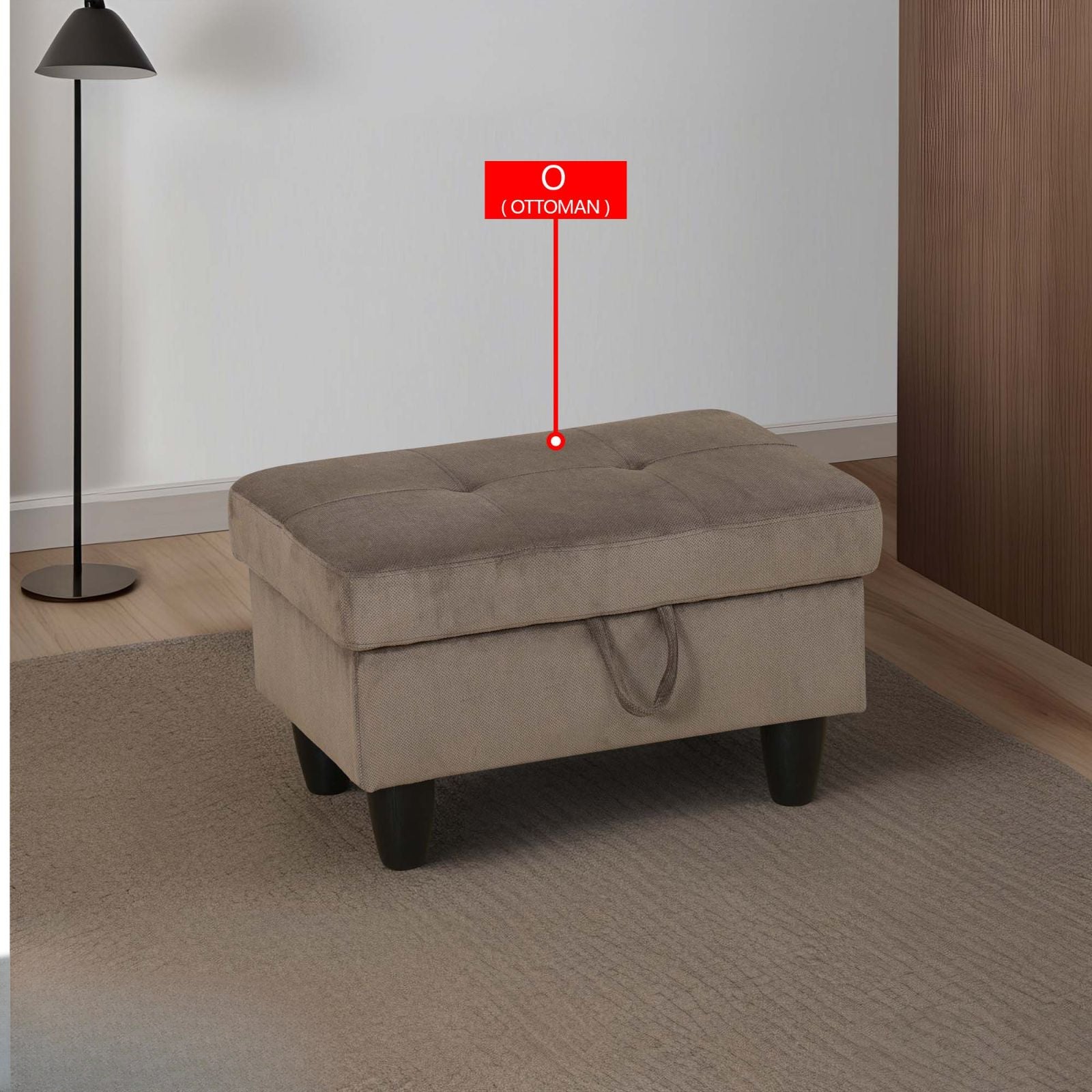 Tufted taupe fabric storage ottoman with dark wood legs