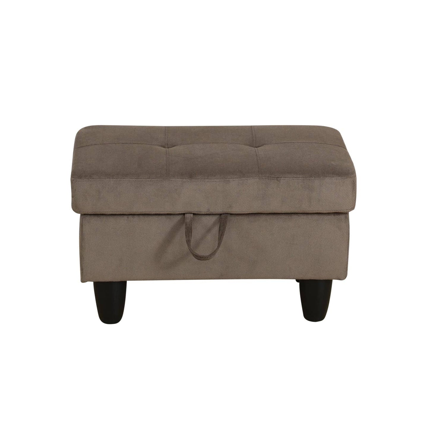 Taupe upholstered storage ottoman with tufted top and black legs
