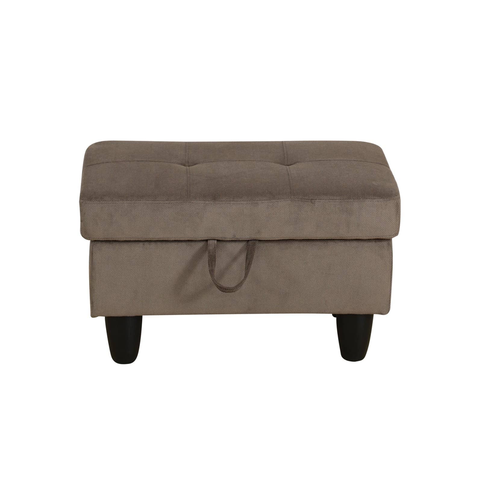 Taupe upholstered storage ottoman with tufted top and black legs