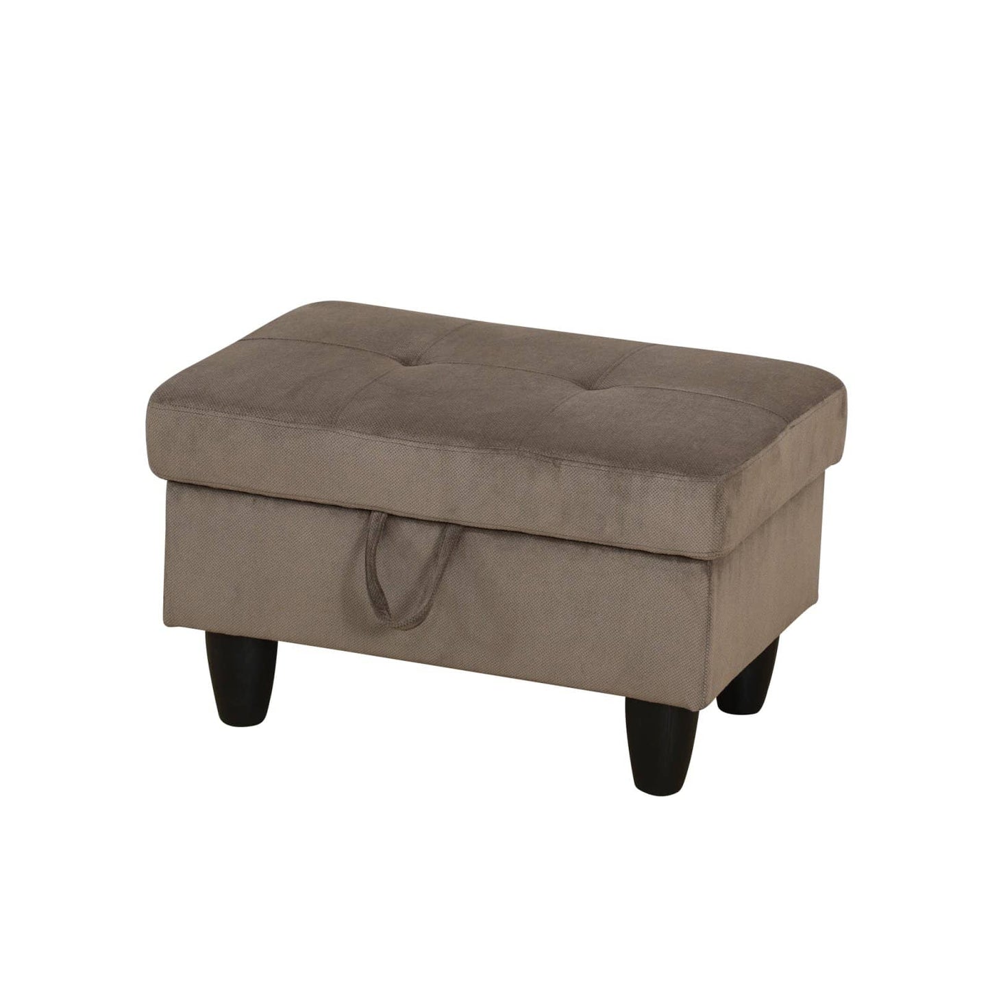 Tufted taupe storage ottoman with black legs for living room organization