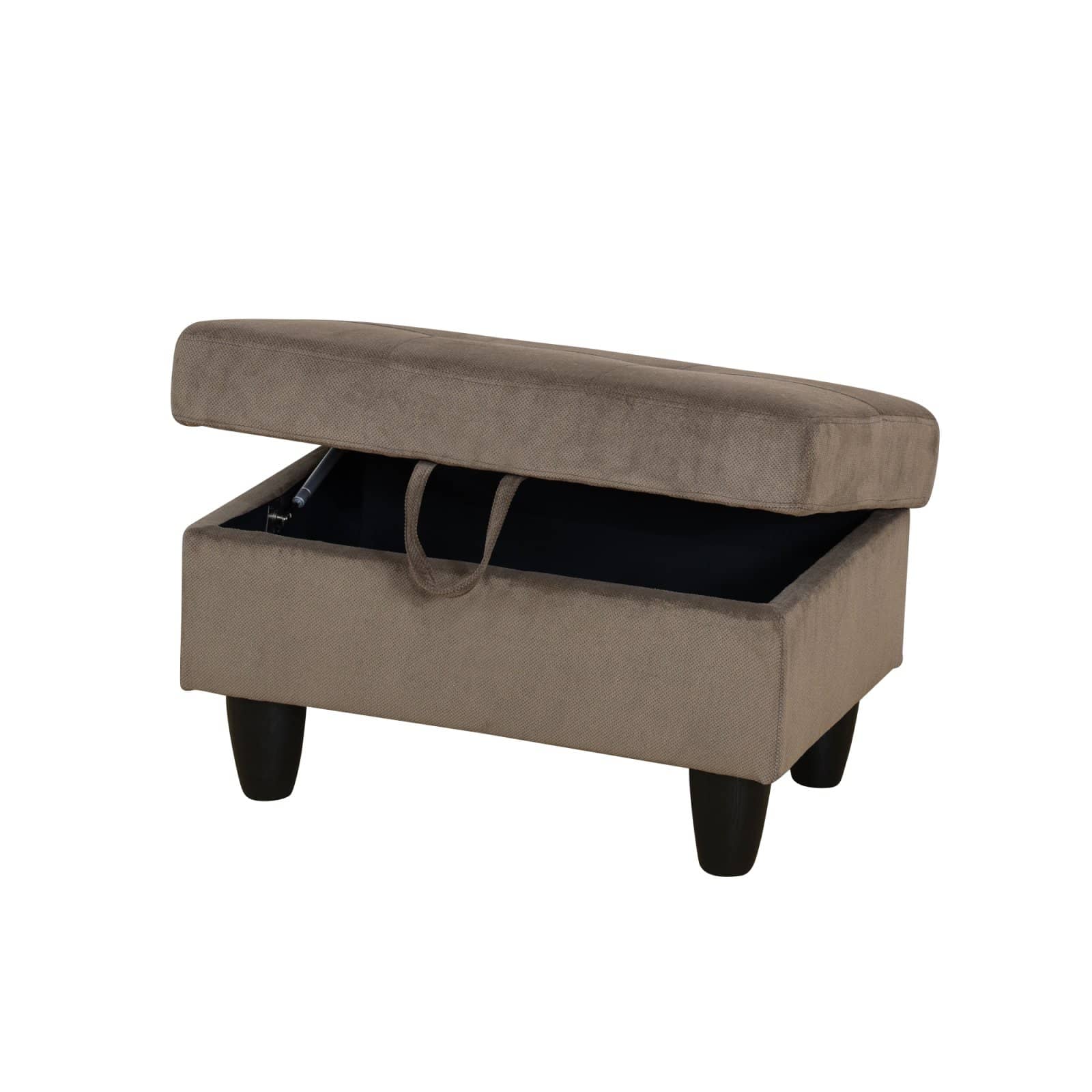Taupe velvet storage ottoman with dark tapered legs and open lid