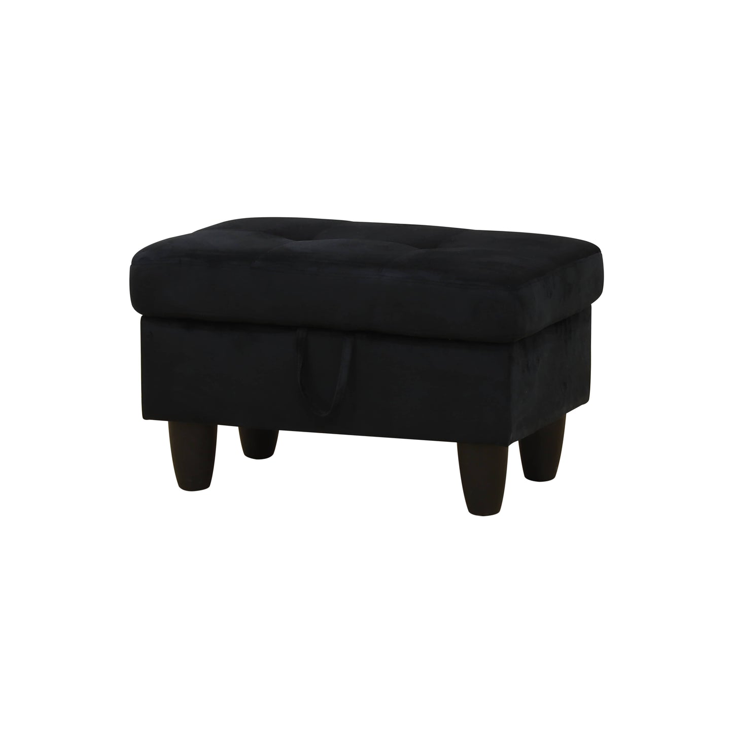 Black velvet storage ottoman with tufted top and tapered wooden legs