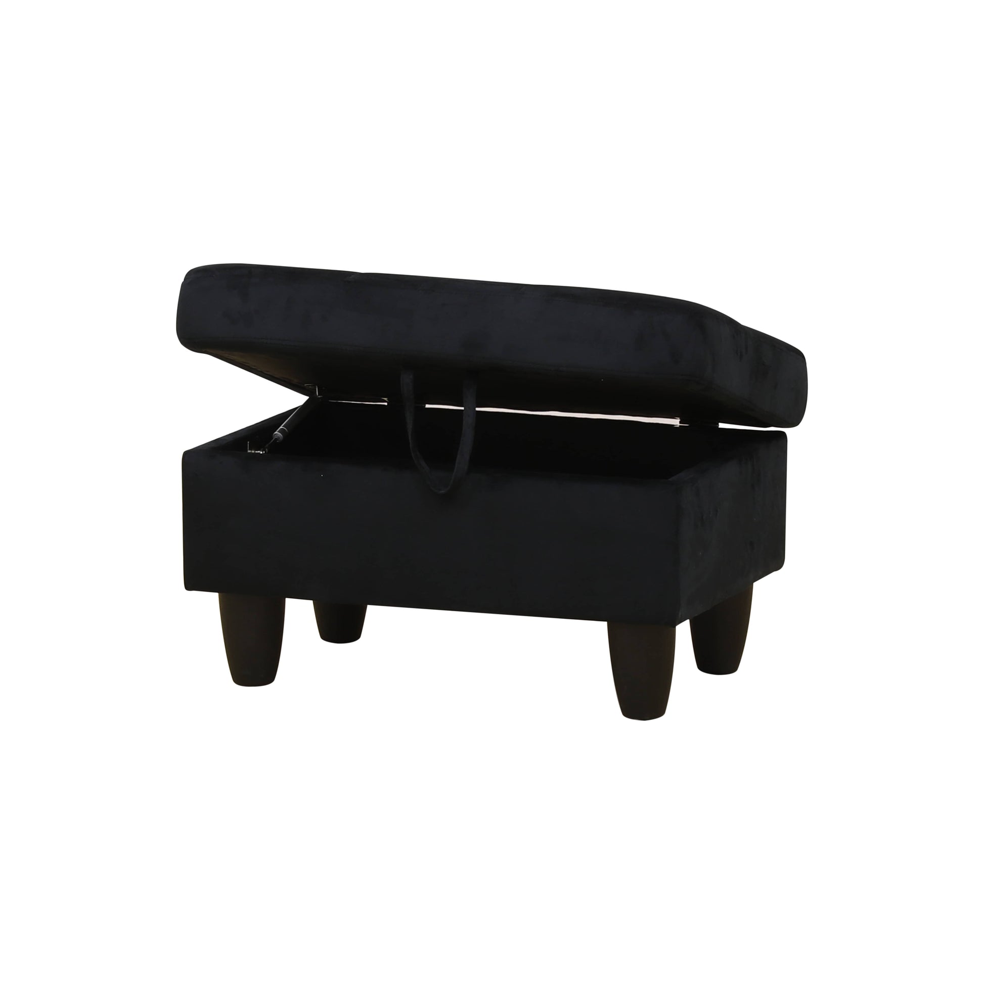 Black velvet storage ottoman with a hinged lid and wooden legs