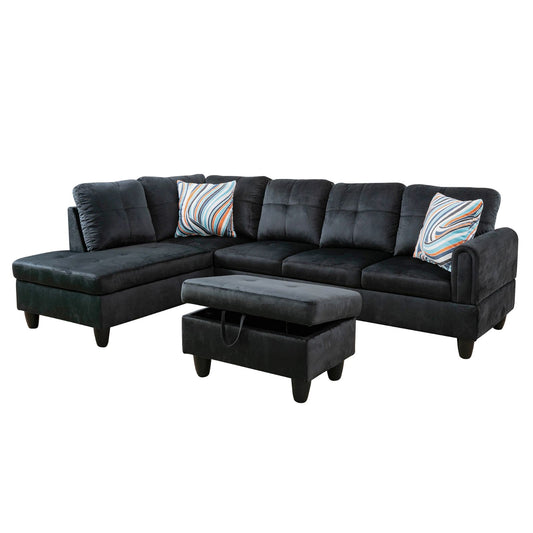 Black velvet Lshaped sectional sofa with chaise and storage ottoman