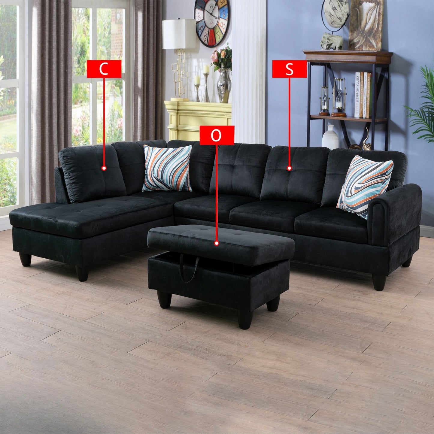 Black velvet sectional sofa with chaise and storage ottoman