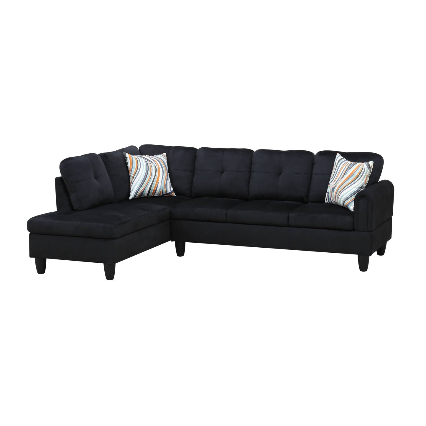 Black velvet sectional sofa with tufted cushions and striped accent pillows