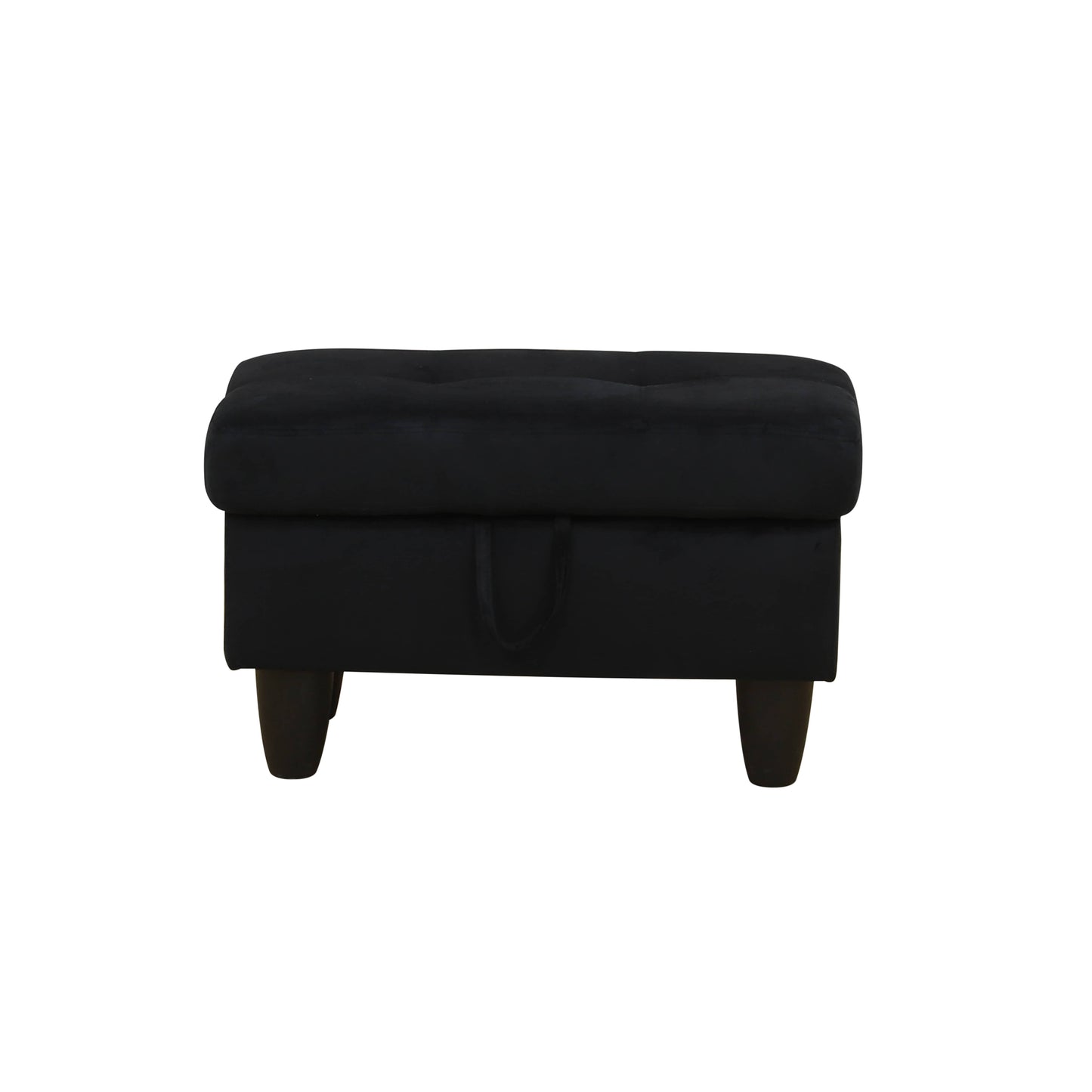 Black velvet storage ottoman with tufted top and dark wooden legs