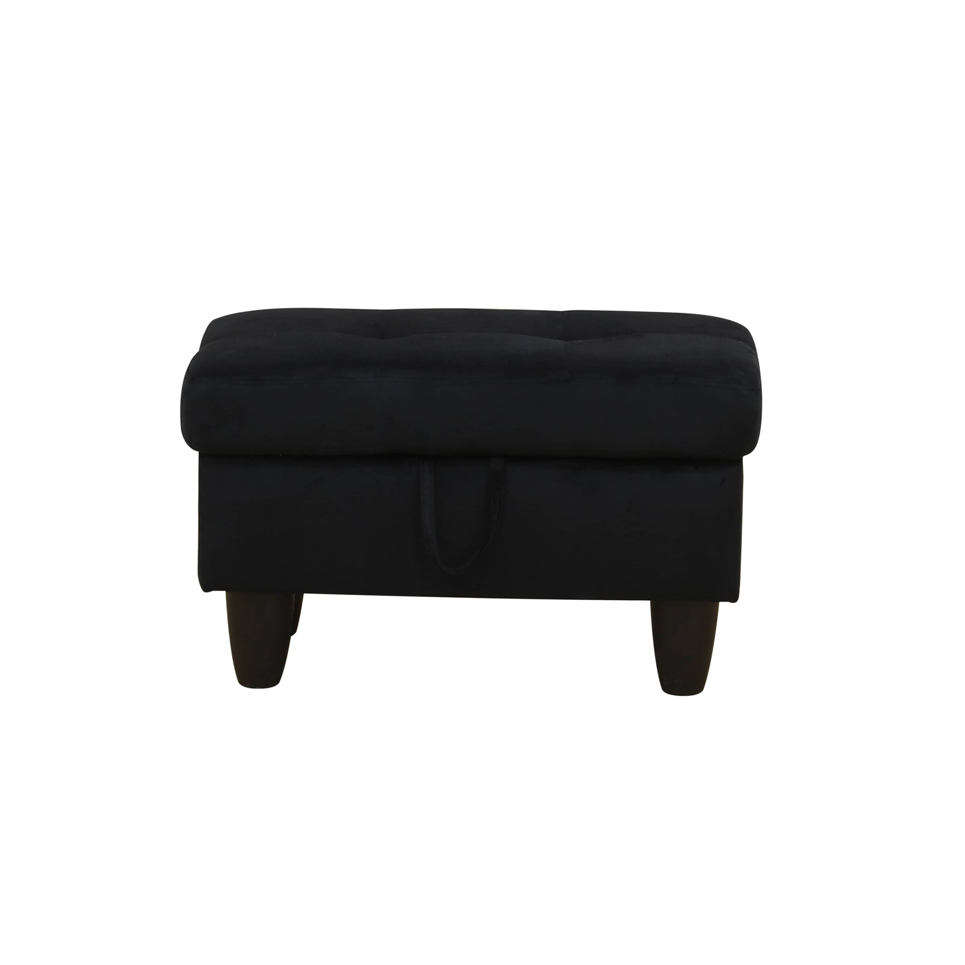 Black velvet storage ottoman with tufted top and dark wooden legs