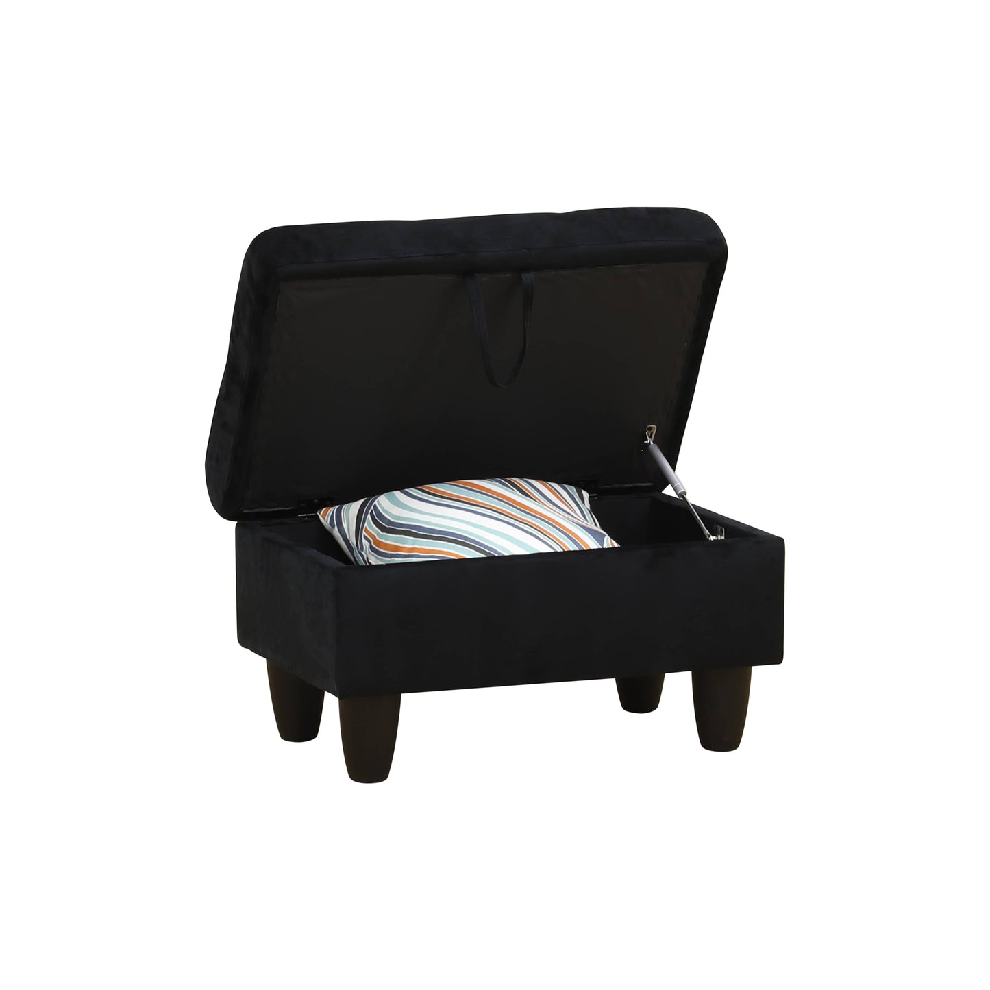 Black velvet storage ottoman with open lid revealing a striped pillow