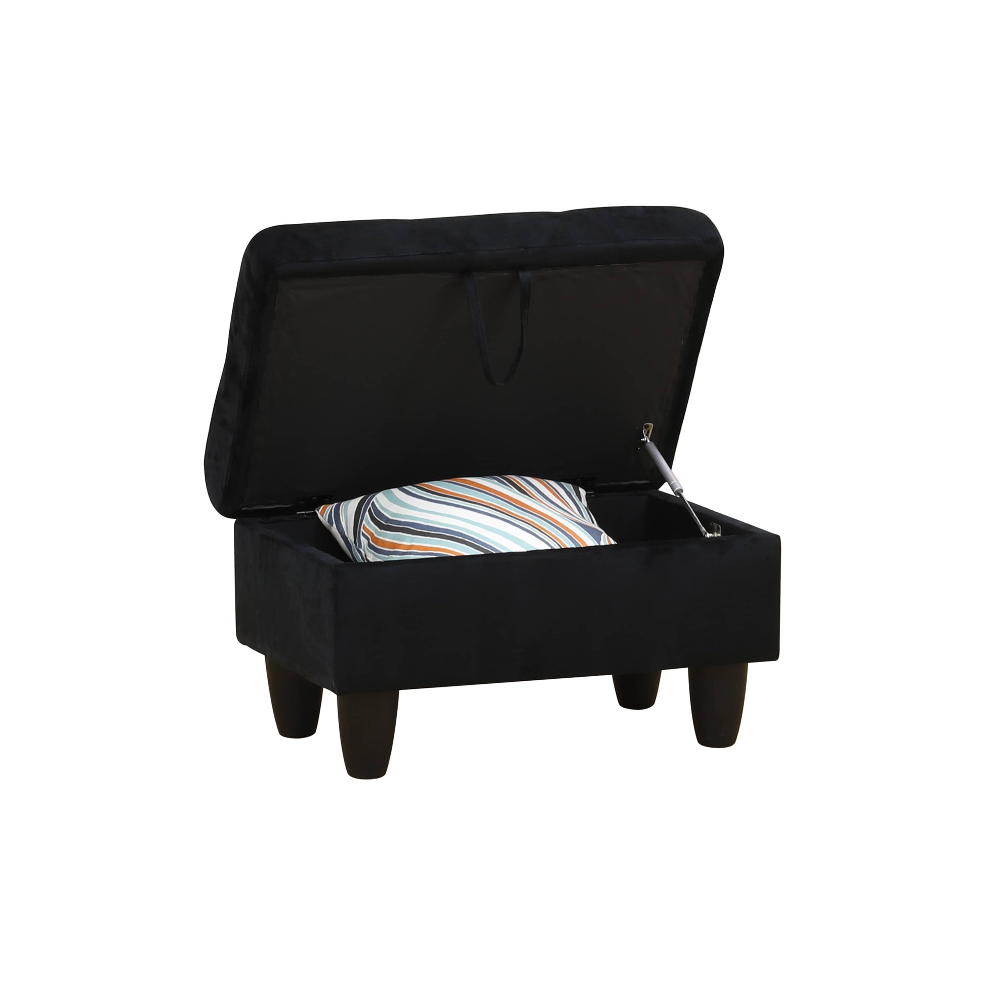 Black velvet storage ottoman with open lid revealing a striped pillow