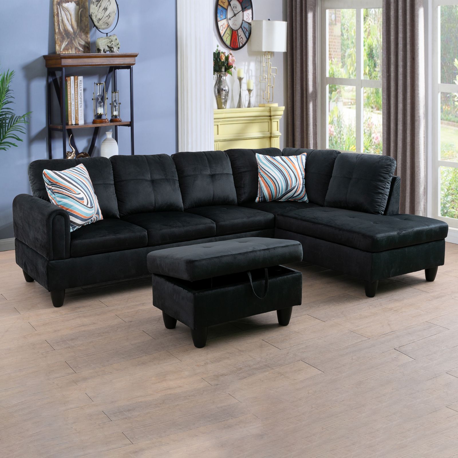 Black velvet sectional sofa with storage ottoman