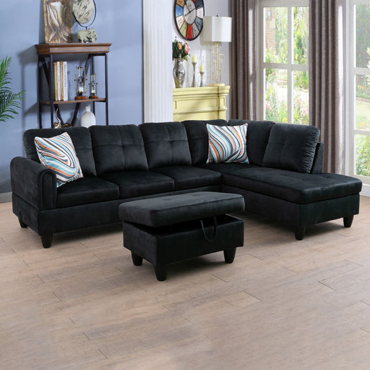 Black velvet sectional sofa with storage ottoman