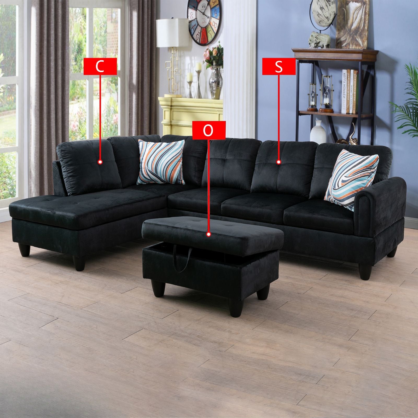 Black velvet sectional sofa with chaise and storage ottoman
