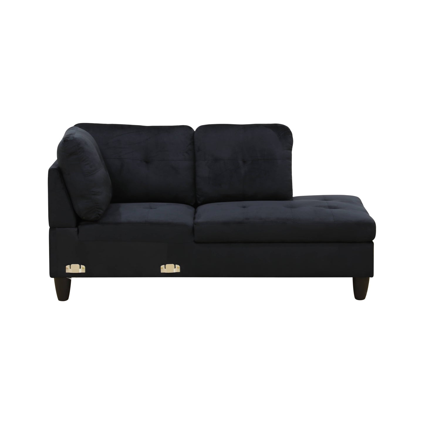 Black velvet chaise lounge with tufted cushions and wooden legs