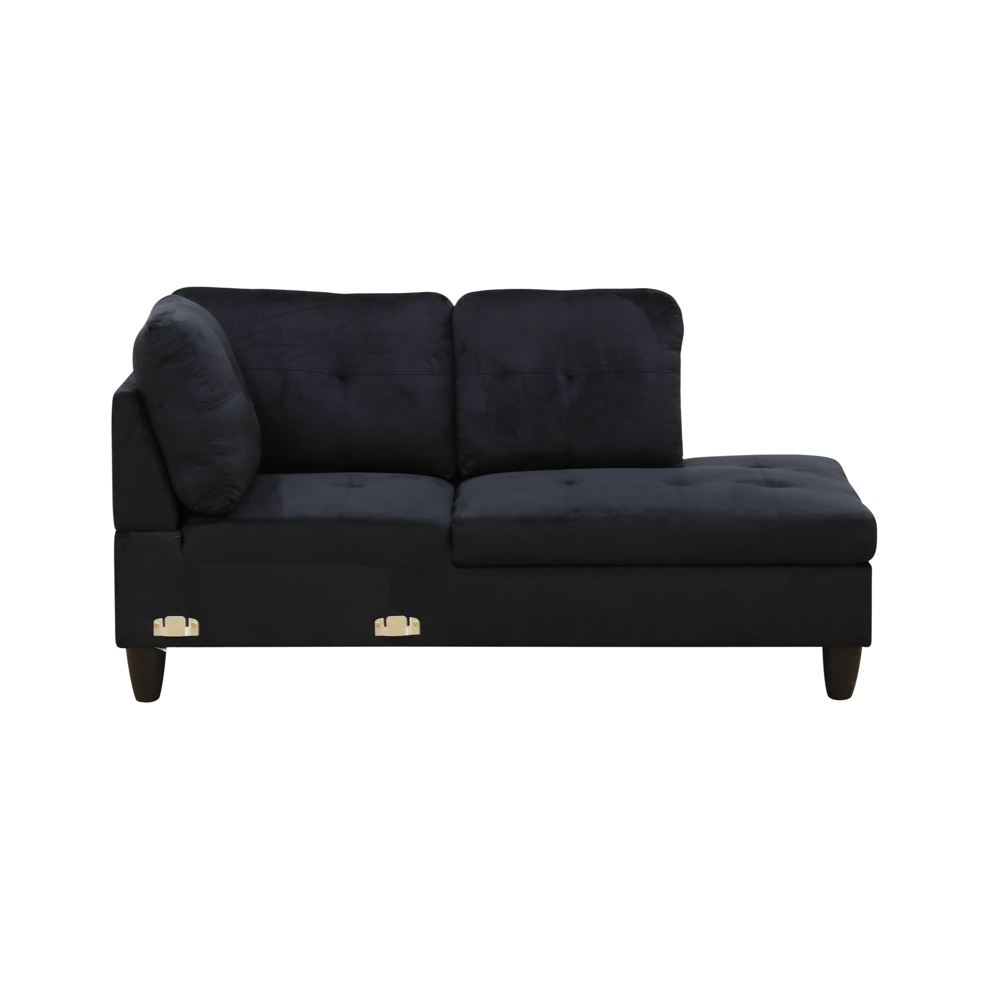 Black velvet chaise lounge with tufted cushions and wooden legs