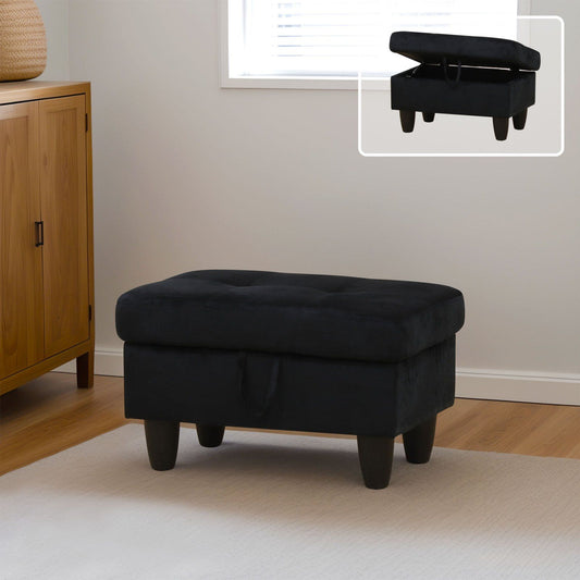 Black velvet storage ottoman with tufted top and wooden legs