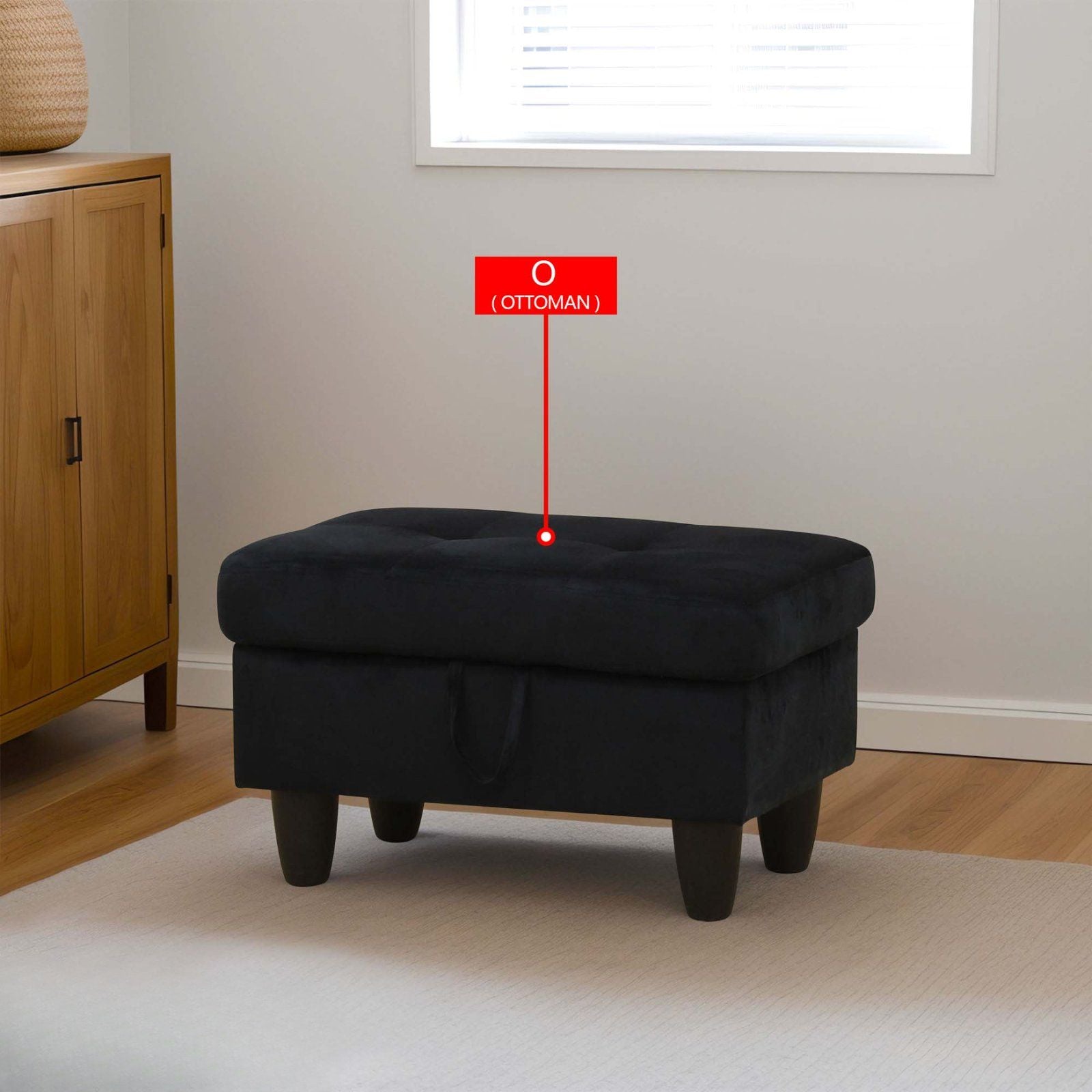 Black velvet storage ottoman with tufted top and dark tapered legs